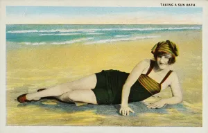 Prints of Postcard of a Sunbather at the Beach. ca. 1922, Taking a sun bath Vintage Postcard Prints: Postcard Print of a Woman Sunbathing at the Beach, circa 1922