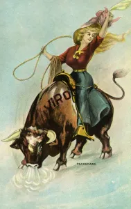 Prints of Postcard of a Woman Riding a Bull. ca. 1913, Postcard of a Woman Riding a Bull Vintage Postcard Prints: Print of a Woman Riding a Bull