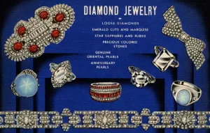 Prints of Advertisement for Diamond Jewelry. ca. 1938, MAYBAUM BROTHERS, Inc. 48 West 48th Street, NEW YORK, N.Y Vintage Postcard Prints: Diamond Jewelry Advertisement Print ca. 1938