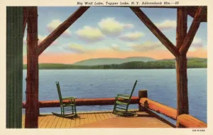 Prints of Cabin on a Lake near the Adirondack Mountains. ca. 1940, New York, USA, Big Wolf Lake, Tupper Lake, N.Y. Adirondack Mts.--29 Vintage Postcard Prints: Cabin on a Lake Print