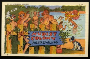 Prints of Cartoon of a Nudist Camp. ca. 1936, WE ARE LIVING IN A NUDE DAY Vintage Postcard Prints: Nudist Camp Scene Print ca. 1936