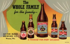 Prints of The Whole Family Beer Advertisement. ca. 1941, An advertisement for Mathie Ruder Brewing Company Vintage Postcard Prints: The Whole Family Beer Advertisement Print