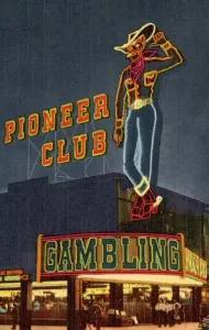 Prints of Neon Sign Outside Pioneer Club. ca. 1951, Las Vegas, Nevada, USA, The largest mechanical neon sign in the world Vintage Postcard Prints: Neon Sign Print of Pioneer Club, 1951