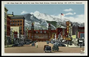 Prints of Pikes Peak Avenue. ca. 1937, Colorado Springs, Colorado, USA, 539-Pikes Peak (Alt. 14, 110 Ft.) from Pikes Peak Avenue, Colorado Springs, (Alt. 6, 072 Ft.), Colorado Vintage Postcard Prints: Pikes Peak Avenue Print, 1937