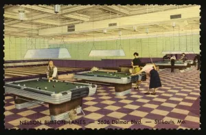 Prints of Pool Tables at Nelson Burton Lanes. ca. 1949, St. Louis, Missouri, USA, NELSON BURTON LANES-5626 Delmar Blvd.-St. Louis, Mo. Nelson Burton Lanes, ROUND THE CLOCK, BOWLING AND BILLIARDS Vintage Postcard Prints: Pool Tables at Nelson Burton Lanes Print