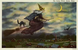Prints of Salem Witch on Her Broom. ca. 1925, Salem, Massachusetts, USA, The Salem Witch, Salem, Mass Vintage Postcard Prints: Salem Witch Print on Broom
