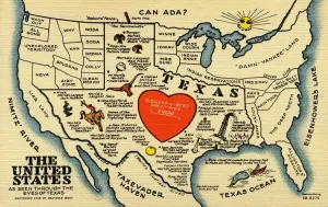 Prints of United States and Texas State Map. ca. 1948, Texas, USA, THE UNITED STATES AS SEEN THROUGH THE EYES OF TEXAS Vintage Postcard Prints: 1948 United States and Texas State Map Print