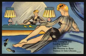 Prints of Woman Relaxing in Lingerie. ca. 1946, This Lounging and Loafing Around Is a Tonic-But Heavens to Betsy Suppose It Gets Chronic Vintage Postcard Prints: Woman Relaxing in Lingerie Print, ca. 1946