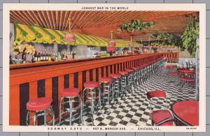 Prints of Bar in the Subway Cafe. ca. 1934, Chicago, Illinois, USA, LONGEST BAR IN THE WORLD. SUBWAY CAFE-507 N. WABASH AVE.-CHICAGO, ILL. DINE, DANCE, ENTERTAINMENT, NO COVER CHARGE, NEVER CLOSED Vintage Postcard Prints: Print of the Subway Cafe Bar in Chicago, 1934