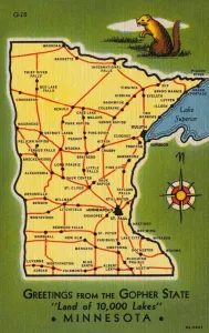 Prints of Minnesota State Map. ca. 1938, Minnesota, USA, GREETING FROM THE GOPHER STATE Land of 10, 000 Lakes MINNESOTA Vintage Postcard Prints: Minnesota State Map Print, 1938