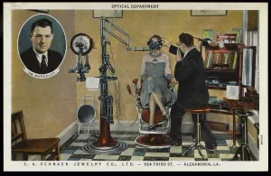 Prints of Optical Department. ca. 1932, Alexandria, Louisiana, USA, SCHNACKs OPTICAL DEPARTMENT. A complete and entirely separate department devoted exclusively to an optical service second to none Vintage Postcard Prints: Schnack's Optical Department Print, 1932