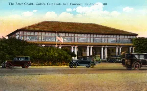 Prints of Vintage postcard showing the beach Chalet at Gilden Gate park. The first floor has large white double columns and the second floor is made of glass windows Vintage Postcard Prints: Golden Gate Park Beach Chalet Print
