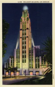 Prints of Vintage linen postcard showing a night view of Bullocks Art Deco style department store on Wilshire in Los Angeles Vintage Postcard Prints: Bullocks Wilshire Art Deco Department Store Night View Print