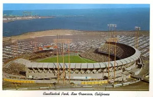 Prints of Vintage postcard showing a birds eye view of Candlestick Park and the surrounding parking area. San Francisco Bay is in the distance Vintage Postcard Prints: Vintage Candlestick Park Print - Birds Eye View