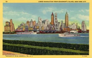 Prints of Vintage linen postcard showing the lower Manhattan skyline as seen from Governors Island. The skyscrapers visible in the background are in the financial district Vintage Postcard Prints: Lower Manhattan Print from Governors Island