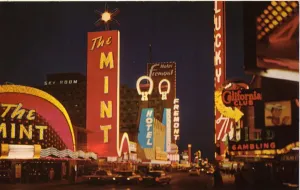 Prints of Vintage postcardshowing the neon signs of Fremont Street lighting up the night sky. The Mint and the California Club are in the forefront. Vintage automobiles travel the street Vintage Postcard Prints: Vintage Night View Print of Fremont Street, Downtown Las Vegas