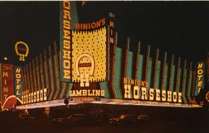 Prints of Vintage postcard showing the huge neon signage surrounding the Horseshoe Club Vintage Postcard Prints: Vintage Horseshoe Club Print in Downtown Las Vegas