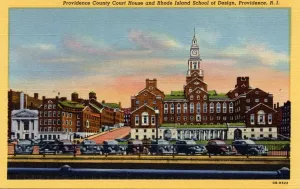 Prints of View shows the Providence County Court house and Rhode Island School of Design. A line of vintage automobiles is along iron fence at forefront of image Vintage Postcard Prints: Providence County Court House and Rhode Island School of Design Print