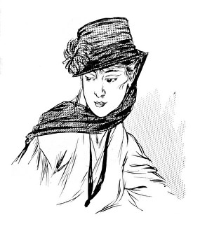 Womens fashion. Hat with veil considered suitable for mourning. From the French Womens fashion. Hat with veil considered suitable for mourning. From the French