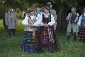 Prints of Lithuania - Vilnius County - Kernavja (UNESCO World Heritage List, 2004). Midsummers day celebration, June 23-24. Girls in traditional costumes Dance Prints: Lithuania Print - Midsummer Celebration in Kernave