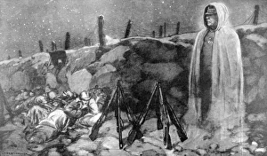 World War I 1914-1918. French soldiers on a cold, starry night behind a bank with World War I 1914-1918. French soldiers on a cold, starry night behind a bank with