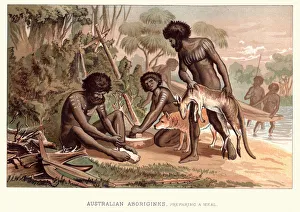 Aboriginal people preparing a meal, 19th Century Australia Aboriginal people preparing a meal, 19th Century Australia