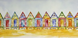 Colorful Beach Shacks in a Row Pen and Wash Painting Colorful Beach Shacks in a Row Pen and Wash Painting