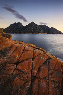 Travel/tasmania tas/dawn wineglas bay section rock covered red lichen Travel/tasmania tas/dawn wineglas bay section rock covered red lichen