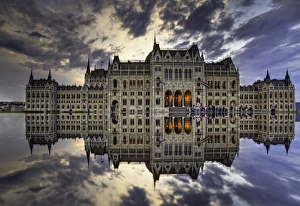 Hungarian Parliament Building sunset reflection Hungarian Parliament Building sunset reflection