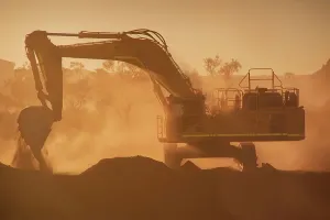 Backlit Excavator Print: Late Afternoon Mining Scene