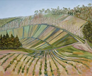 Oil Painting of Farm Paddocks on a Hillside Oil Painting of Farm Paddocks on a Hillside