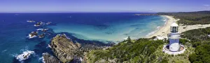 Panoramic aerial view of Sugarloaf Point Lighthouse overlooking Lighthouse Beach Panoramic aerial view of Sugarloaf Point Lighthouse overlooking Lighthouse Beach