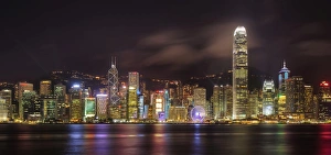 Panoramic Night View of Hong Kong Island Skyline Along Victoria Harbour From Tsim Sha Tsui, Hong Kong, China Panoramic Night View of Hong Kong Island Skyline Along Victoria Harbour From Tsim Sha Tsui, Hong Kong, China