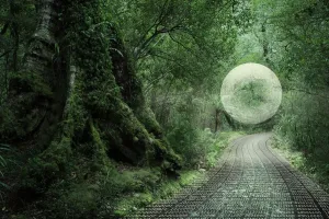 Binary Code Print: Glowing Orb Over Forest Path