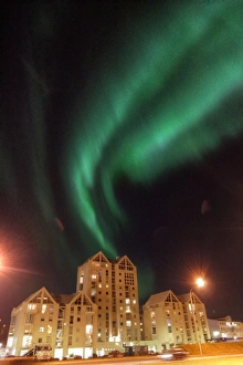 Reykjavik modern architecture apartment blocks and aurora borealis northern lights Reykjavik modern architecture apartment blocks and aurora borealis northern lights