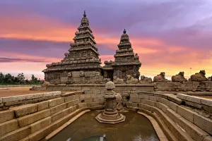 Sunset View at Shore Temple Complex with Miniature Shrine in Mahabalipuram, Kanchipuram, Tamil Nadu, India Sunset View at Shore Temple Complex with Miniature Shrine in Mahabalipuram, Kanchipuram, Tamil Nadu, India