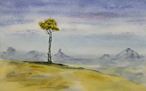 Tree on a Hill with Mountains in Distance at Maleny Watercolor Tree on a Hill with Mountains in Distance at Maleny Watercolor