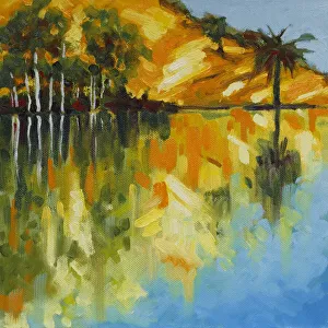 Trees Reflected in a Lake with Morning Sunlight Original Landscape Artwork Trees Reflected in a Lake with Morning Sunlight Original Landscape Artwork
