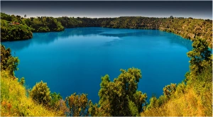 A view of the blue lake volcanic crater at Mount Gambier, South Australia A view of the blue lake volcanic crater at Mount Gambier, South Australia