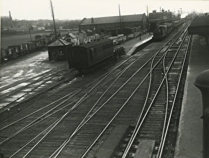 Ely station. The down platform from the Station South signal box, with the goods Ely station. The down platform from the Station South signal box, with the goods