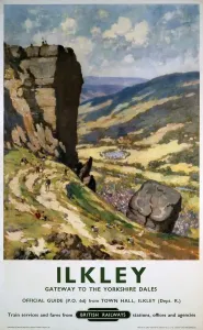 Prints of Poster produced for British Railways (BR) to promote rail travel to Ilkley, West Yorkshire, which is here promoted as the gateway to the Yorkshire Dales England Prints: Ilkley Print, 1960 BR Poster