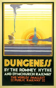Prints of Poster produced for the Romney, Hythe and Dymchurch Railway (RHDR) to promote rail services to Dungeness England Prints: Dungeness Print, 1928 Steamship and Lighthouse at Sunset