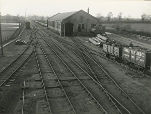 Mildenhall, view west from signal near the station signal box with goods shed in Mildenhall, view west from signal near the station signal box with goods shed in