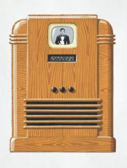 1940s television with small screen embedded in wooden case, front view 1940s television with small screen embedded in wooden case, front view
