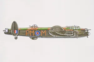 1941 Avro Lancaster, bomber with dorsal gun turret, blue-white-red RAF logo on side 1941 Avro Lancaster, bomber with dorsal gun turret, blue-white-red RAF logo on side