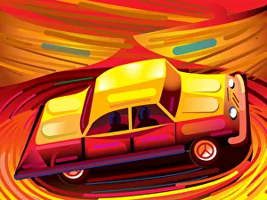 1950s Low Rider style Car in Swirling Orange cartoon Landscape Illustration 1950s Low Rider style Car in Swirling Orange cartoon Landscape Illustration