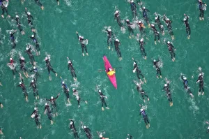 Prints of Swim at Ironman Austria viewed from helicopter. Ironman Austria long day picturing friends and pros for Triangle Austria Prints: Ironman Austria Aerial Print: Helicopter View