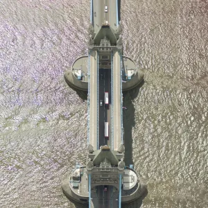 Prints of No People, Outdoors, Architecture, Travel, Tower Bridge, Square Image, London, Uk, Thames River, Capital Cities, Bridge, Aerial View, Day, Sunlight, Traffic, Communication, Transportation, City World Famous Bridges Prints: Tower Bridge Aerial Print, London UK