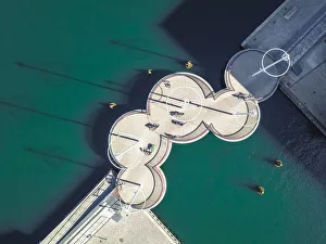 Aerial drone view of The Circle Bridge (Cirkelbroen) on the Inner Harbor of Copenhagen Aerial drone view of The Circle Bridge (Cirkelbroen) on the Inner Harbor of Copenhagen
