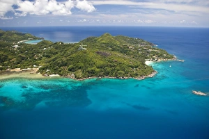 Aerial view of the bay of Anse aux Poules Bleues, Anse Aux Poules Bleues, Sud-Mahe, Mahe Aerial view of the bay of Anse aux Poules Bleues, Anse Aux Poules Bleues, Sud-Mahe, Mahe